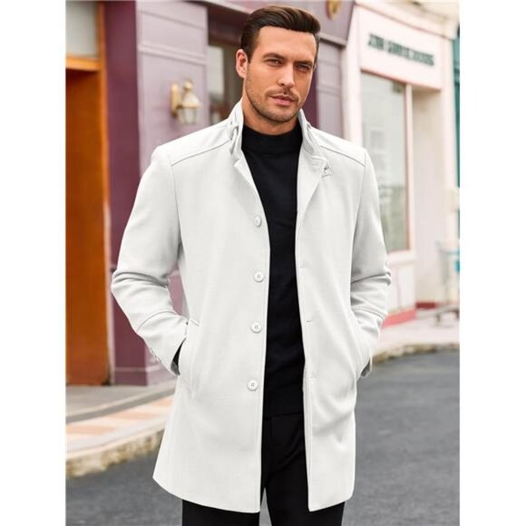 Men's Trench Coat Stand Collar Casual Slim Fit Single Breasted Pea Coat Overcoat - Picture 2 of 6